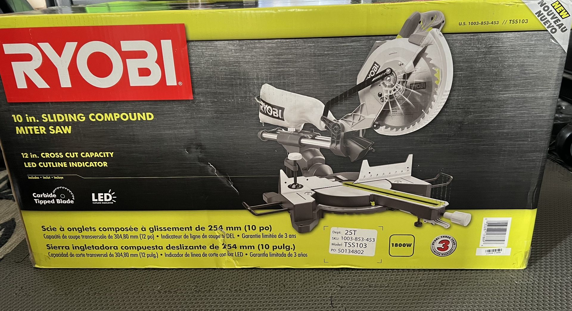 Ryobi 10” Sliding Compound Miter Saw New unused