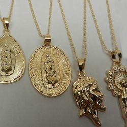 4 Pc Lot Virgin Mary Mother Of Jesus Gold Tone Religious Necklace 