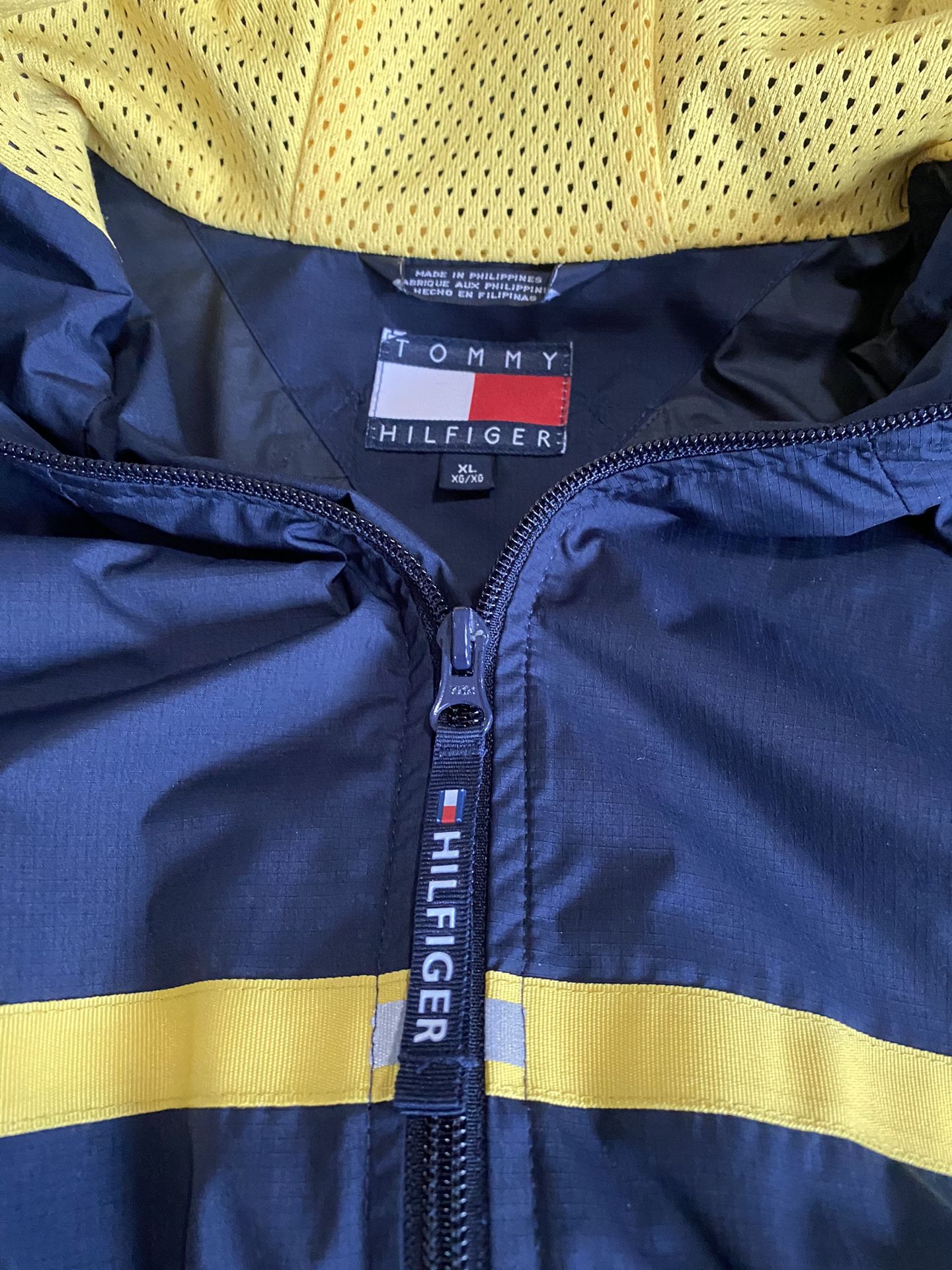Y2K Vintage TOMMY HILFIGER Men’s Full Zipper Windbreaker Hooded Logo Jacket Navy Size XL