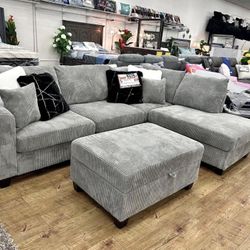 Large Sectional Sofa With Storage Ottoman Grey Corduroy 