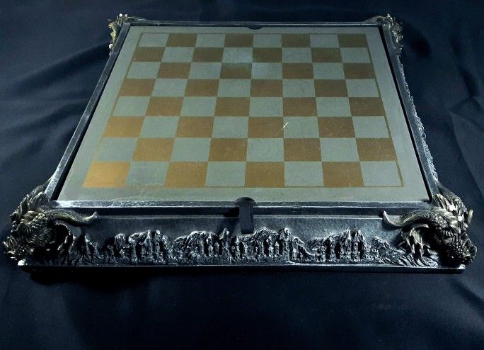 Medieval Chess Set Dragon Heads, Carved Chessboard - Complete