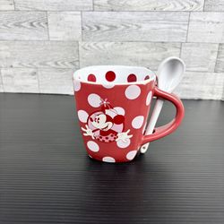 DISNEY Theme Parks Minnie Mouse Polka Dot Red White Coffee Mug Cup Spoon 