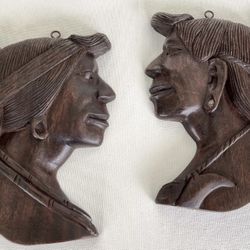 Vintage Filipino Hand Carved Wood Wall Art Cameo Bust Face Pair Igorot