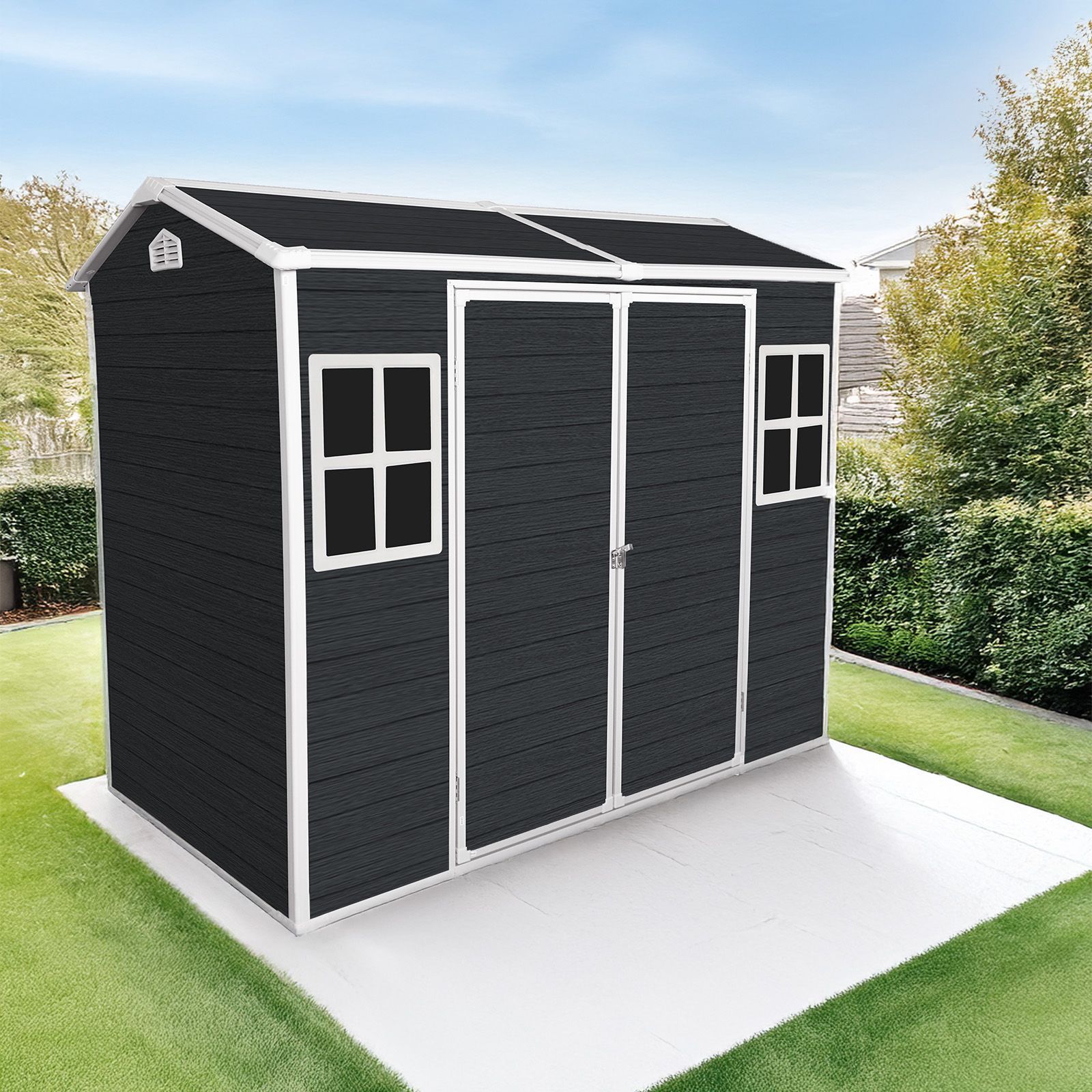8x4ft Outdoor Resin Garden Shed with Floor and 2 Windows, Plastic Patio Outdoor Storage Shed with Lockable Door for Garden Tools, Bicycles, Trash Cans
