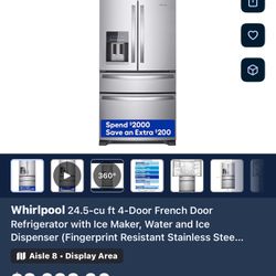 24.5 Cu Ft 4 Door French Door Water/ice Fingerprint Resistant Whirlpool 