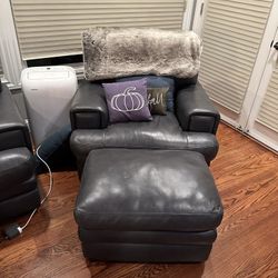 Slate Leather Armchair Sofa Chair with Ottoman – Comfy & Modern