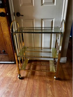 Mid Century Modern Hollywood Regency Bar Cart 3 Tier Shelf Gold Toned on Wheels