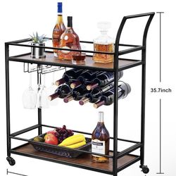 JBBCN Bar Serving Cart on Wheels with Wine Rack and Glass Holder