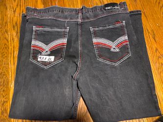 Qruel Jeans Mens 42x32 Black Denim Red White Back Pocket Embroidery Streetwear