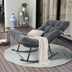 Outdoor Rocking Chair, Patio Papasan Rocking Chair with Cushion, Wicker Modern Egg Rocker, Indoor Comfy Lounge for Living Room 