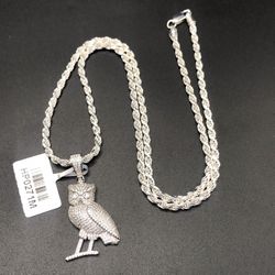 925 Sterling Silver 2.06CT Moissanite Owl Pendant Rope Chain necklace Size 22”