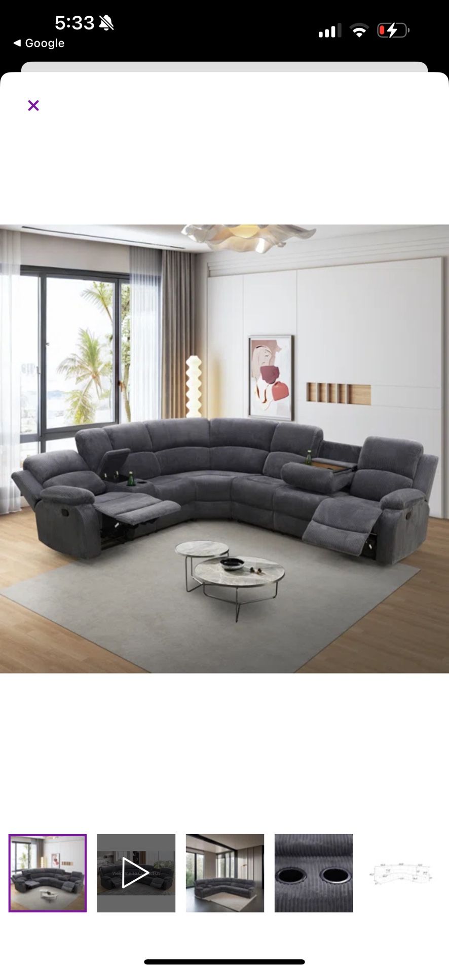 Dark Charcoal Gray Microfiber Fully Reclining Sectional Couch