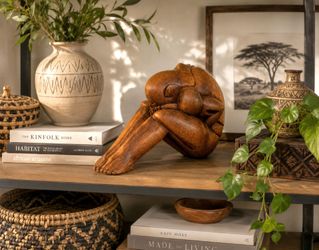 Indonesian Suar Wood "Weeping Buddha" , "Shy Man" Sculpture