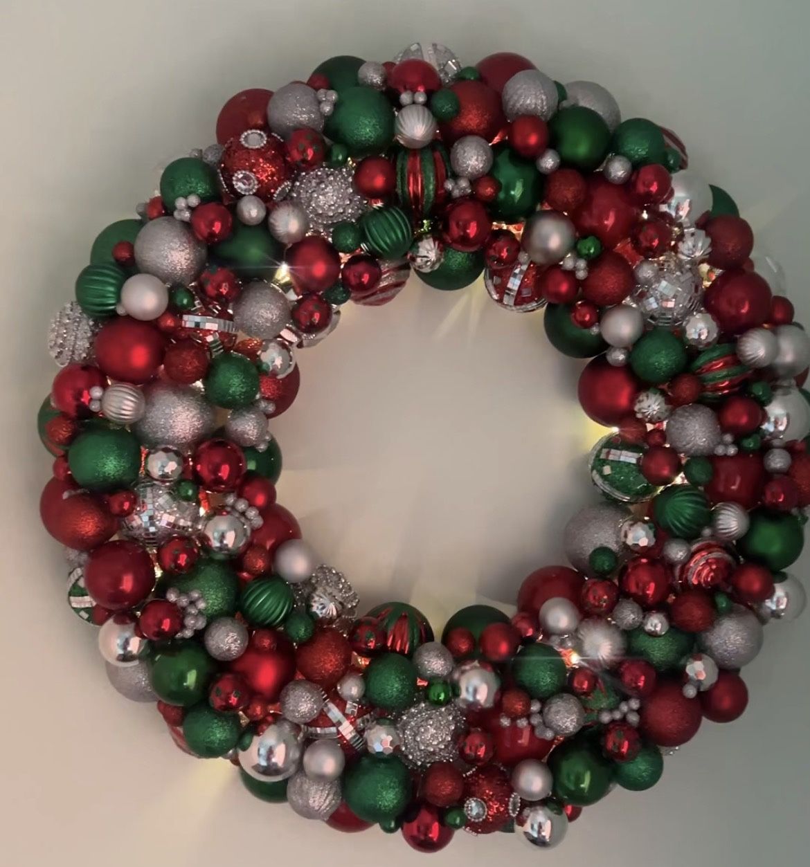 Handmade 23” Christmas Ornament Wreath – Red/Green/Silver – Extra Full – LED Lighted Holiday