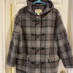 Eddie Bauer Wool Blend Hooded Coat Jacket Zip Fisherman Toggle Women's L Gray