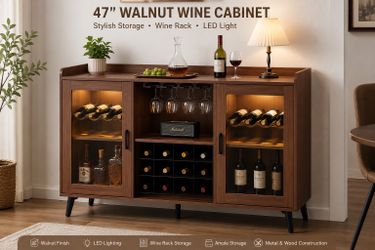 🌟 Brand New 47” Walnut Buffet Cabinet / Wine Bar Cabinet with LED Lights 🌟