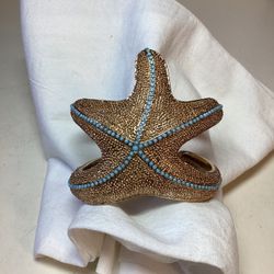 Lilly Pulitzer Signed Textured Goldtone Blue Bead Starfish Cuff