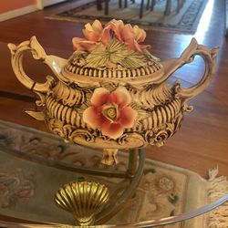 Antique Capodimonte Italian Oval Pink Flowers Brown Centerpiece Tureen W Lid