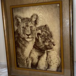 Vtg 21X17” LION Lucid Line cubs 1976 PHOTO ON GLASS WILDLIFE by DENNIS CURRY