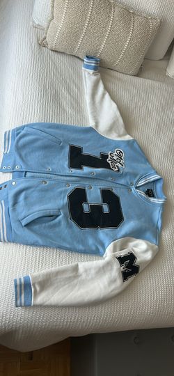 Men’s BoohooMAN Varsity Jacket – Blue & White – Size Small (Oversized Fit)