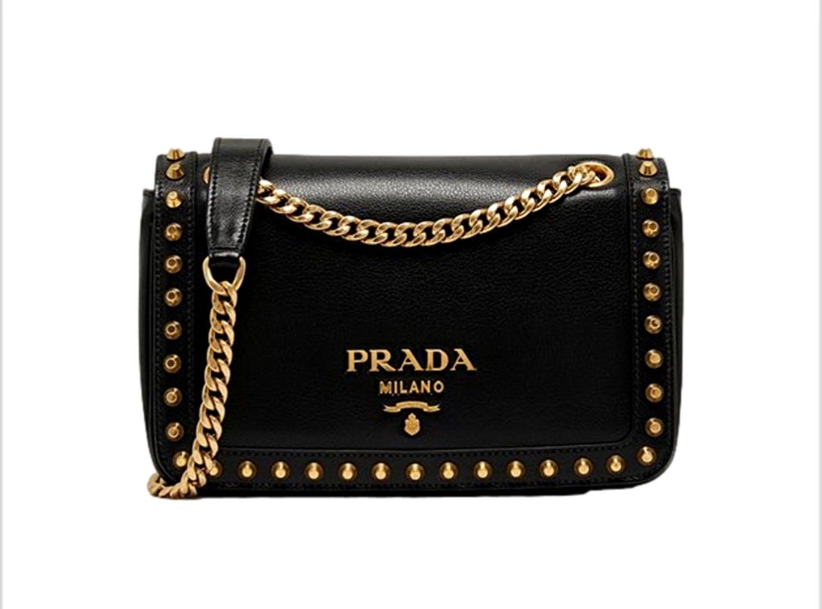 Prada Pattina Black Calf Leather Studded Flap Chain Crossbody Bag