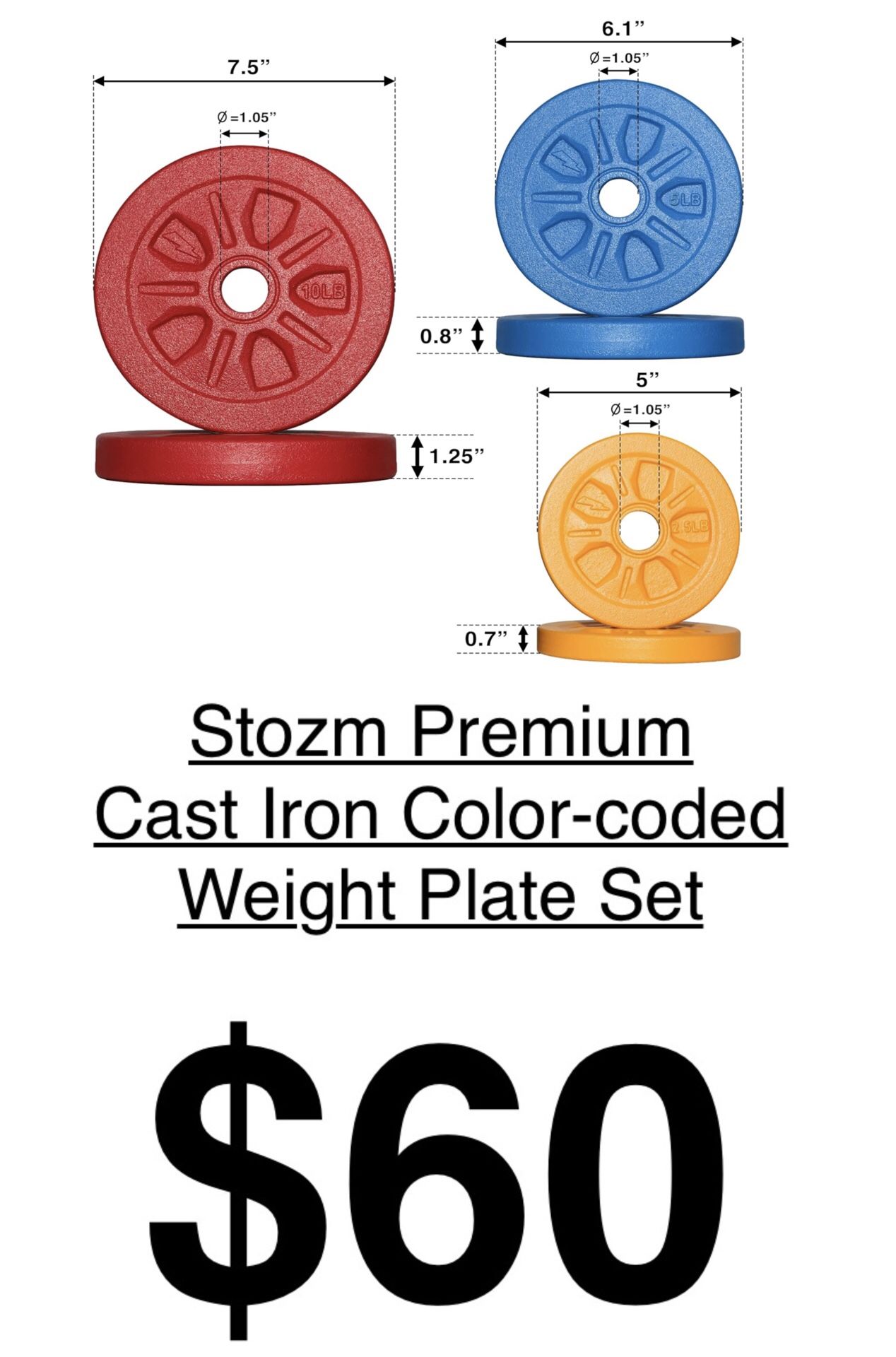 STOZM Cast Iron Color-coded Weight Plate Set — 65lbs  **(BRAND NEW)** - $60
