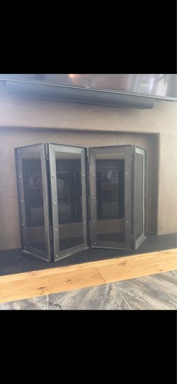 RH Industrial Rivet Four-Panel Screen at Family Room Fireplace (paid $457)