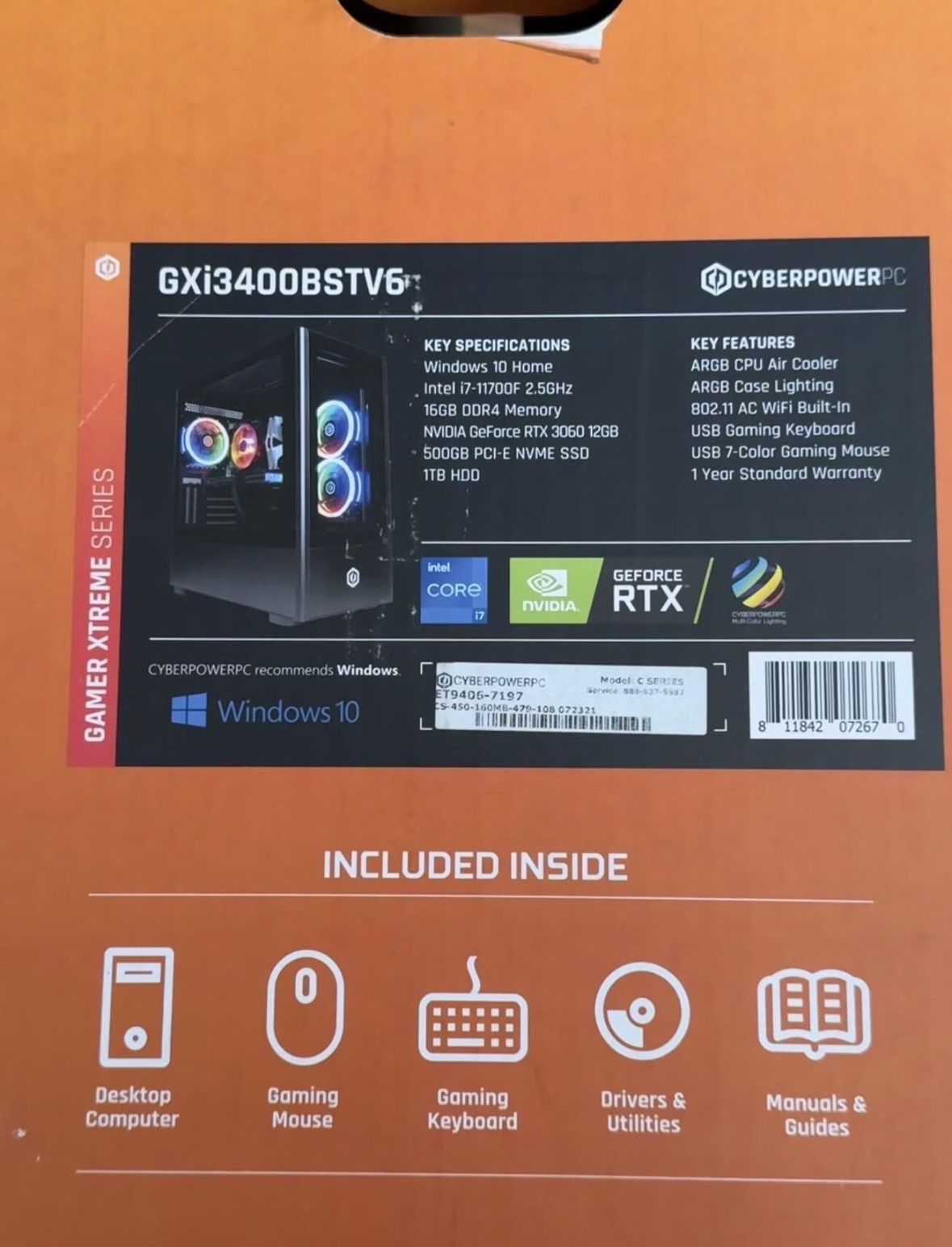 CyberPowerPC GXI3400BSTV6 Gaming Desktop – i7-11700F / RTX 3060 / 16GB / 500GB SSD + 1TB HDD