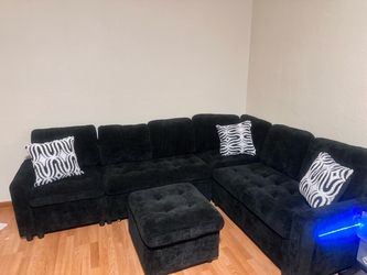 Black Fabric Sectional Sofa with Pull-Out Bed