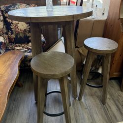 Antique 34 Diameter 42 Tall Solid Wood Bar Table With Two Barstools