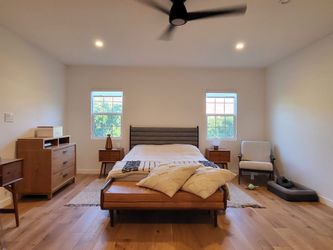 Article Queen Bed Frame | Walnut Wood + Upholstered Headboard