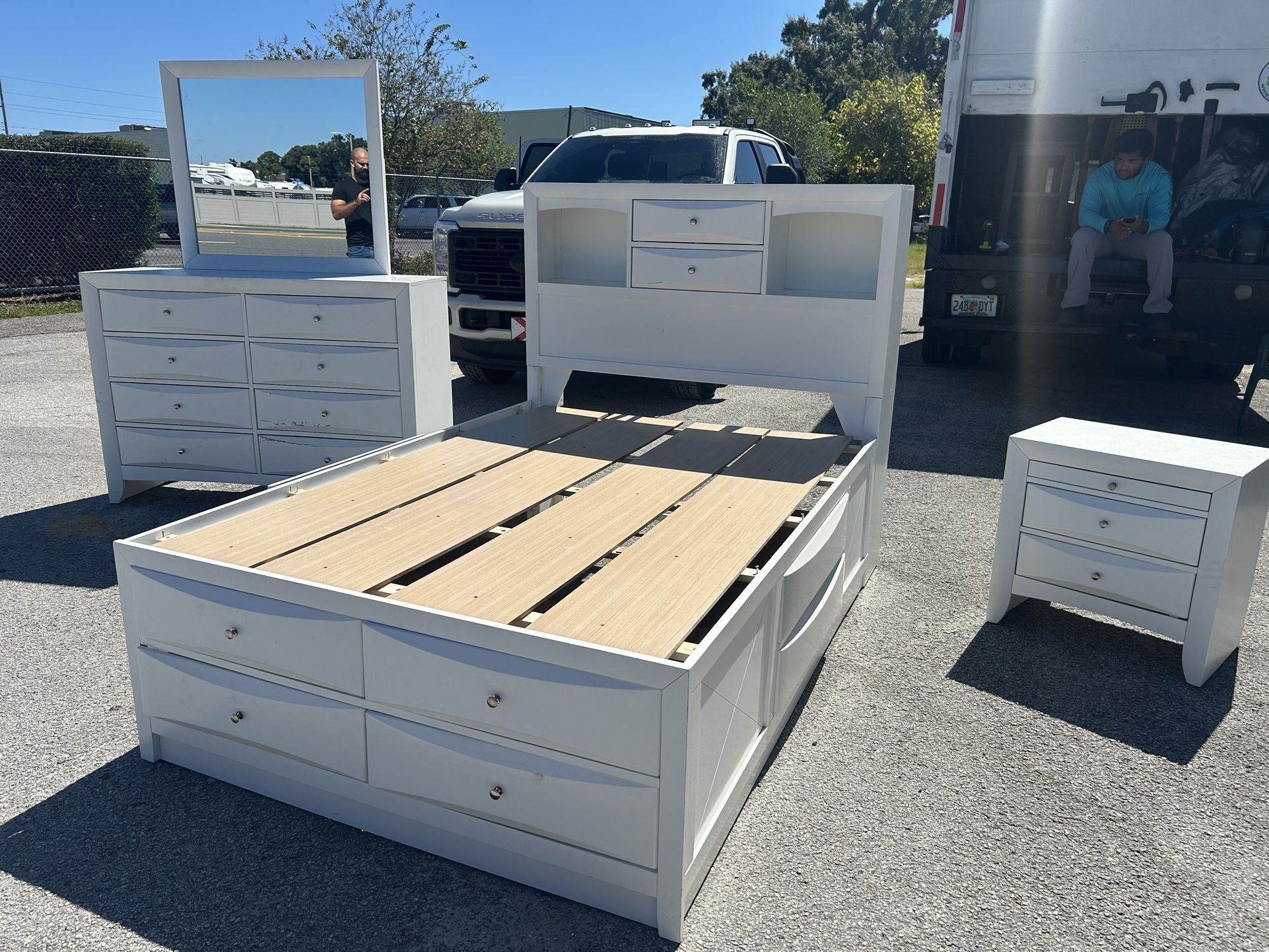 Full Size Bed + Dresser with Mirror + Nightstand – Matching Set