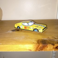 Antique Tin Pro Stock Tin Car With Advertising On It