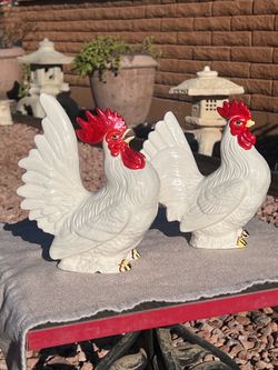 Vintage White Ceramic Rooster and Hen Set • Mid-Century Modern Farmhouse Kitchen Decor MCM retro