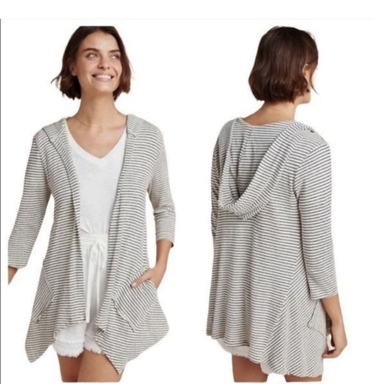 Saturday Sunday Anthropologie Striped Hoodie Asymmetric Knit Open Cardigan
