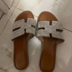 Rhinestone H-Strap Flat Slide Sandals in Tan