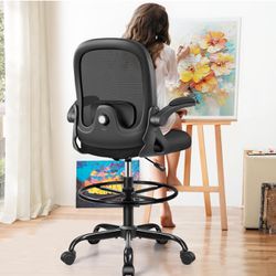 Drafting Chair, Tall Office Chair Ergonomic Standing Desk Chair,with Adjustable Footrest Ring, 3D Lumbar Support, Flip-up Armrests, Swivel Desk Stool 