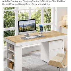 55'' Modern Executive Desk with Drawers, Wooden Computer Desk with File Drawer and Charging Station, 3-Tier Open Side Shelf for Home Office and Living