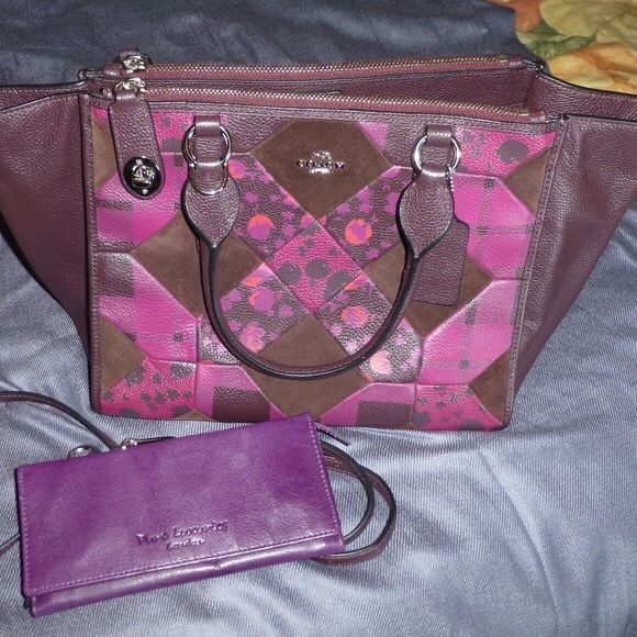Coach Purple Patchwork Carryall Crosby Bag, Like New & Wallet