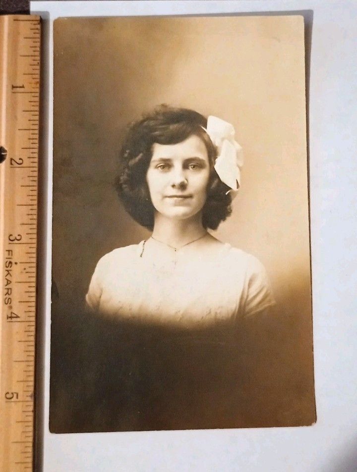 1913 RPPC Woman Teenager Bow Madeline McMillin Photo RPPC Vintage Antique Real Postcard Post Card PC Collectible