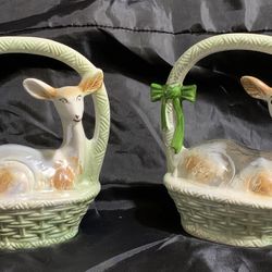 Vintage Hand Painted 1930’s Iridescent Deer Basket Set Of  Two