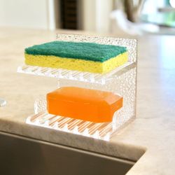 Sysler Acrylic Sponge Holder, Soap Holder, Soap Dish Soap Saver, 2 in 1 holder for Kitchen, Sink, Bath and Shower, double shelve w/ drainage