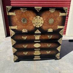 Vintage Asian Burl Wood and Brass Tansu Chest Mid Century