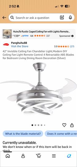 42" Invisible Ceiling Fan Chandelier Light,Modern DIY Ceiling Fan Light Remote Control 4 Retractable ABS Blades for Bedroom Living Dining Room Decorat