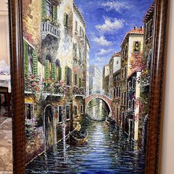 Large Original Oil painting on canvas, Italy, Venice, Canal view, Framed