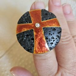 Lava Rock Ring Orange Enamel Crusader Cross Ring 18k & Dia
