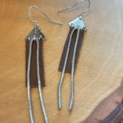 Pair of nickle free iron (rhodium color) and brown leather dangle earrings fishhook ear wires 3” Western style