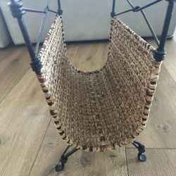 French Wicker Rattan Wrought Iron Magazine Rack Basket