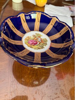 Vintage Limoge Design Cobalt Blue Hand Painted Porcelain Decorative Footed Bowl new