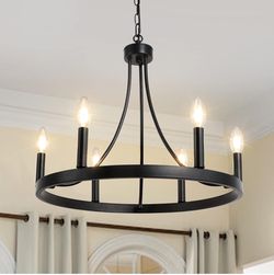 LynPon 6 Light Wagon Wheel Chandelier, Diam 20 inch Black Chandeliers for Dining Room, Rustic Round Chandelier Hanging Farmhouse Wrought Iron Light Fi